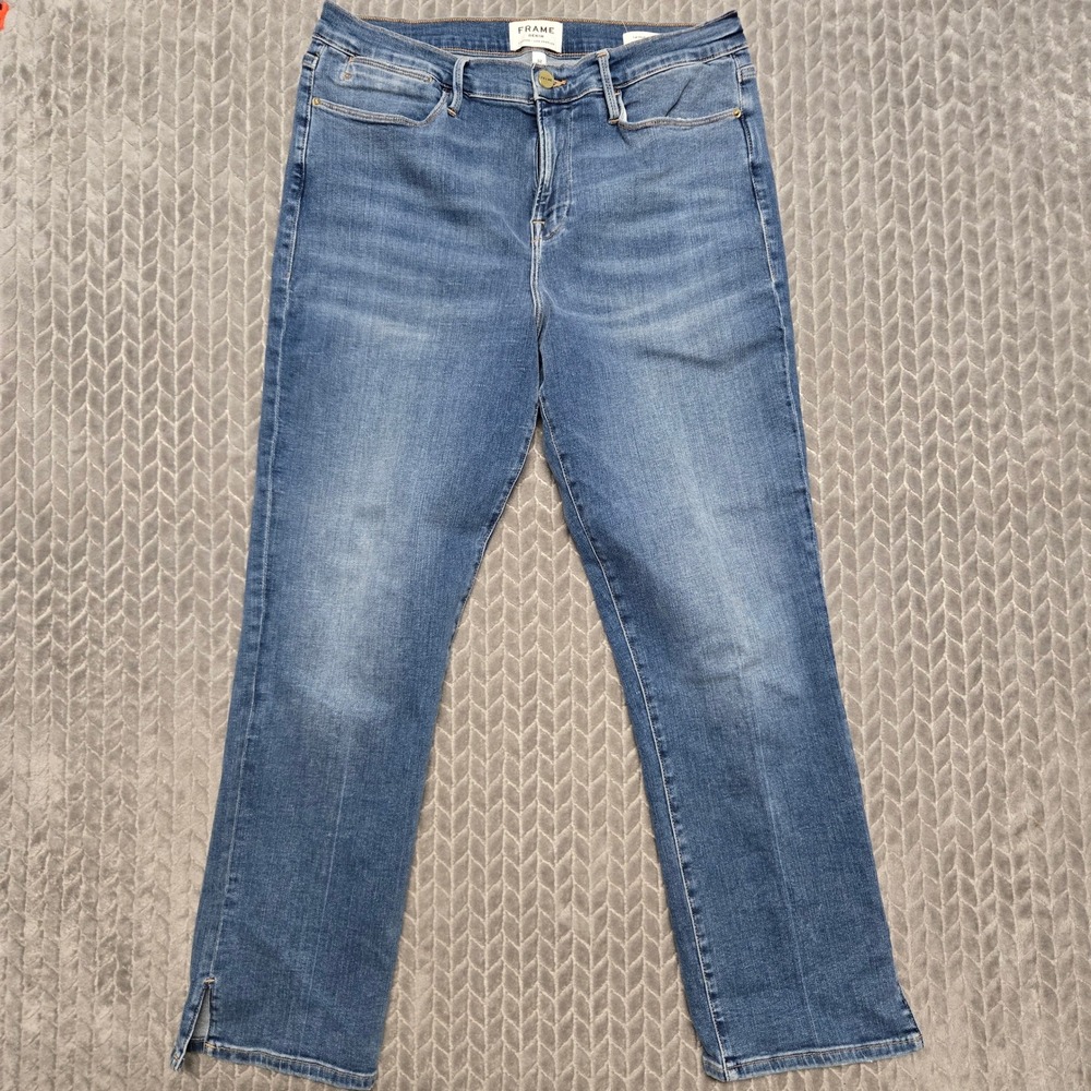Frame Denim Le High Straight Caroline Jeans Blue Side Slit Hem 32 LHSTOS230